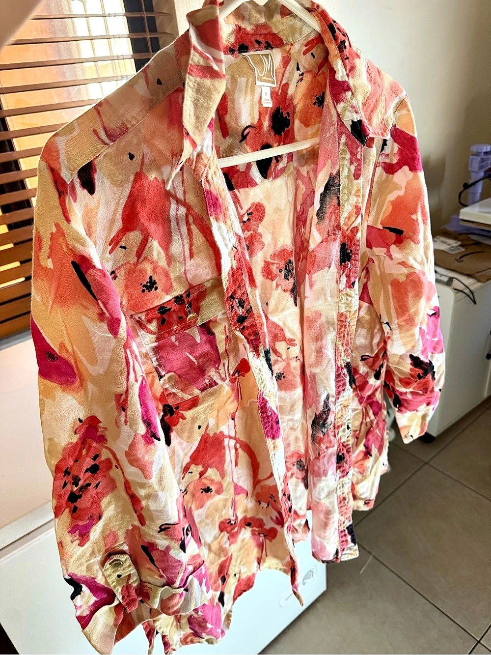 JM Abstract Floral Button Down Shirt in Pink & Red - Picture 3 of 4